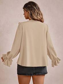 Freevana Plus Size Casual Solid Color Ruffle Trim Shirt/Fall/Winter - Khaki - View 2