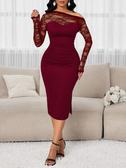 SHEIN Lady 女士优雅派对通勤纯色修身肩部半透明针织蕾丝中长连衣裙四季婚礼宾客礼服女士生日礼服女士连衣裙女士优雅生日服装女士早午餐服装女士优雅服装