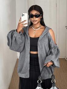 Maweii 大码纯色露肩长袖连帽拉链休闲宽松运动衫 - 灰色 - 查看 5