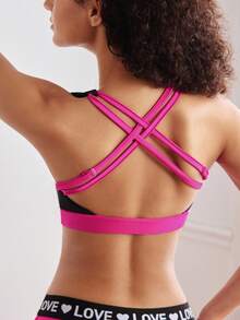 Bộ 2 áo ngực thể thao và quần lót nữ, miếng dán chữ màu tương phản, lưng chéo, khoét rỗng, nâng đỡ, quần lót thoải mái cạp cao - màu đen - Xem 3