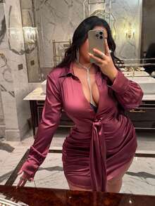 NU&NOW V领腰带长袖大码连衣裙，优雅性感 - 中紫紅色 - 查看 7