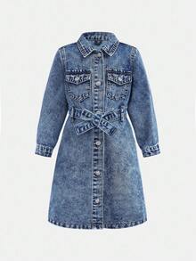 SHEIN Young Girl' Blue Denim Shirt Dress,Fall Clothes,Autumn Clothes ,Casual And Fashionable Vacation Outfits,Long-Sleeved Denim Dress,Elegant Cinched-Waist Dress Winter - Dark Wash - View 5