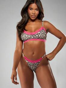 Missguided x Playboy 豹纹蕾丝边文胸和丁字裤套装无衬垫内衣，带亮粉色装饰无衬里文胸内裤套装动物印花针织贴身睡衣 - 彩色 - 查看 3