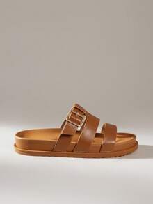 Solecia 2025 Summer New Arrival Women's Fashion H-Shape Black Rivet Platform Soft Bottom Sandals, Hook And Loop Closure, Versatile Strap Non-Slip Open Toe Flat Sandals - Brown - View 1