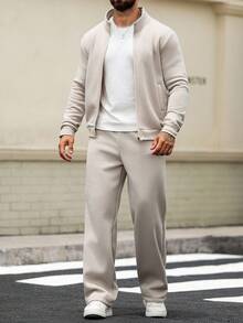 Manfinity Homme Men's Casual Solid Color Jacket And Pants Set, Fall Clothes, Cozy Outfits - Apricot - View 1