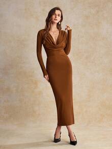 House of One Low V Drape Neck Long Sleeve Rid Knit Long Dress Women Autumn Casual Elegant Wear - Brown - View 3