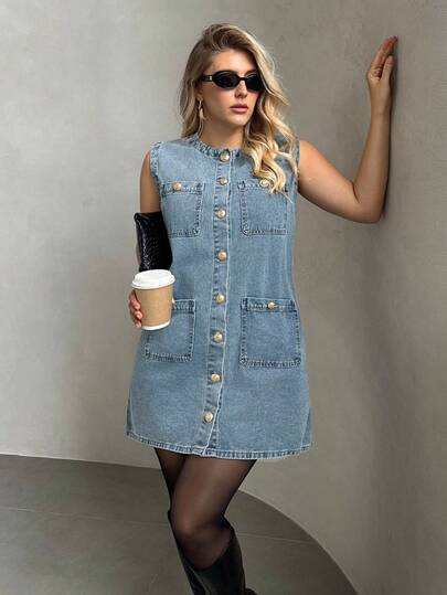 Auralis Vestido mini ajustado sin mangas de talla grande de mezclilla, azul