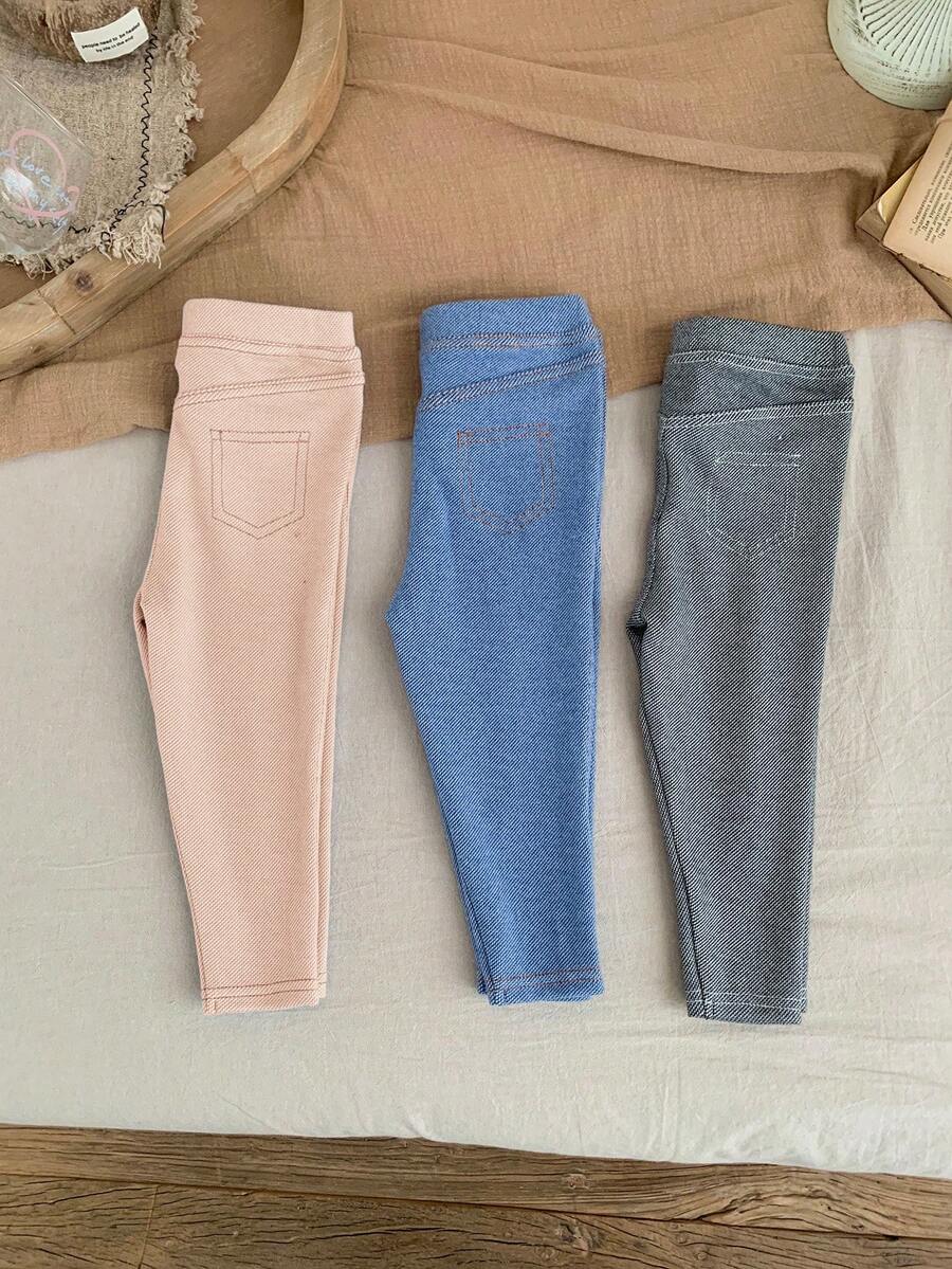 SHEIN LMoss Kids LMoss 少女纯色针织打底裤和紧身休闲套装 3 件套，适合少女 - 黑色 - 查看 1