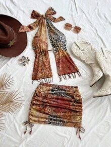 Soleia Nouvelle tenue décontractée pour vacances, mariage sur la plage, remise de diplômes, brunch, Fête de la Saint-Patrick, Printemps, Pâques, festival de musique. Ensemble élégant boho tropical à dos nu avec perles, franges et décoration métallique, à cordon coulissant, 2 pièces. Thanksgiving - Multicolore - Voir 1
