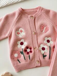 Cozy Pixies 秋冬款女婴花卉印花圆领长袖开衫和松紧腰裤两件套 - 彩色 - 查看 5