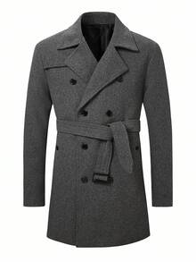 Calvornis 男士休闲百搭纯色双排扣羊毛混纺大衣，秋冬 - 深灰色 - 查看 4