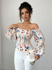 Elenzga 女式露肩花卉印花灯笼袖衬衫，度假装 - 彩色 - 查看 4
