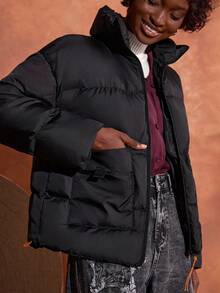 SHEIN Cottnline Quilted Puffer Jacket With Front Zipper, High Collar, Two Large Front Pockets, And Orange Zipper Pulls, Warm And Functional Winter Outerwear, Waterproof Fabric Winter Jacket Oversized Jacket Black Puffer Jacket Padded Coat - Black - View 4