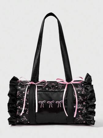 Kawaii Borsa a spalla da donna in raso con fiocco, vintage e carina, con volant rosa, versatile e dalla grande capacità, adatta per l'uso quotidiano