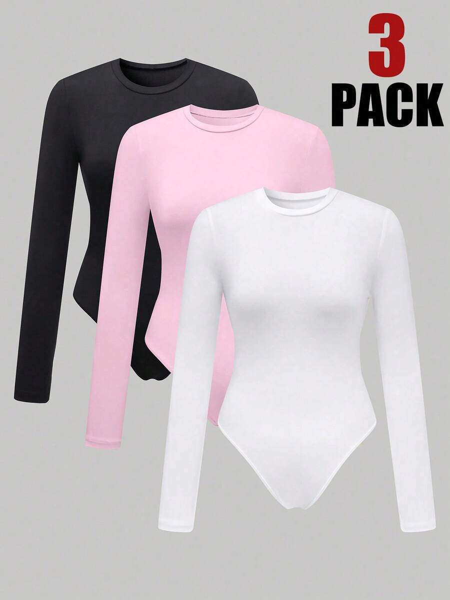 FavEase Women's Solid Color Crew Neck Long Sleeve Casual Bodysuit - Multicolor - View 1