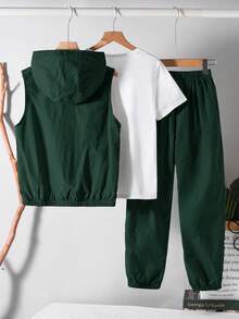 SHEIN 3pcs Dark Green Autumn Athletic Vacation Casual Collegiate Soft Hoodie Vest,Elastic Waist Pants Set With Bonus T-Shirt,Minimalist Multi-Pack Fashion - Dark Green - View 2