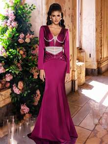 Glamrae Elegante tren fruncido con cintura de manga larga, cuello en V, calado, escote en pico, perla y calada, talla grande, color rosa oscuro, para mujer - Rosa Fucsia - Ver 2