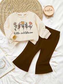 SHEIN Vintaside Kids 2 piezas Conjunto de niña, sudadera de cuello redondo de manga larga con estampado floral y de letras y pantalones acampanados con estampado de conejo, lindo y casual para salidas de otoño/invierno - Multicolor - Ver 3
