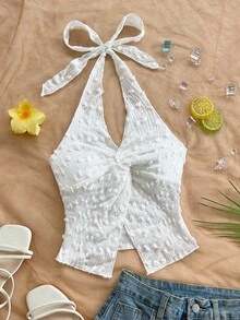 Soleia Fashionable Sexy Halter Tie Knot Hem Slit Open Back Camisole, Suitable For Holiday, Date, Afternoon Tea, Vacation, Music Festival, Boho, Wedding Season - White - View 3