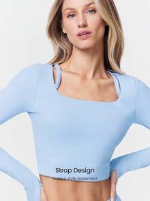 GLOWMODE Slim Fit Warm Crop Length Long-Sleeve Top With Thumbholes Removable Padding Yoga Pilates Daily Active Wear Sweat-Wicking - Baby Blue - View 4