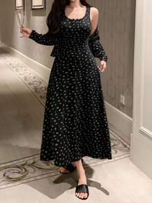 DAZY 碎花睡裙及纽扣门襟上衣睡衣套装，女士秋冬服装 - 黑色 - 查看 3