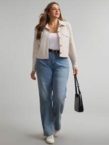 SHEIN LUNE 大码休闲通勤简约纯色短款外套，秋冬商务休闲女装，适合工作场合 - 杏色 - 查看 4