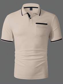 Manfinity Homme Men's Contrast Trim Button Polo Shirt, Casual Summer Short Sleeve Mens Casual Tops Mens Golf Shirt