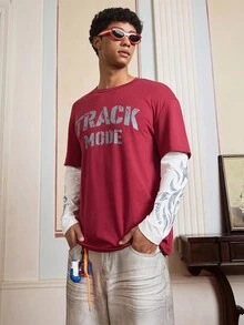 SWAVVY Men's Letter Print Round Neck Red Long Sleeve 2 In 1 T-Shirt, For Fall - Burgundy - View 6