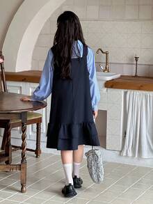 DAZY Set de rochie cu mânecă lungă și bretele, culoare solidă, pentru fete preadolescente, ținută la modă stradală pentru toamnă