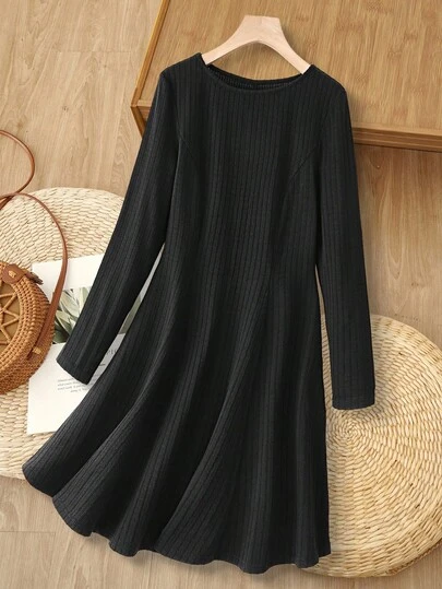 Rusticease 女式纯色圆领长袖罗纹休闲连衣裙，秋季