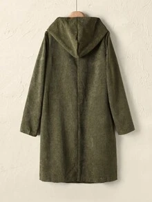 Rusticease 女式纯色连帽口袋休闲百搭灯芯绒连衣裙 - 綠色 - 查看 2
