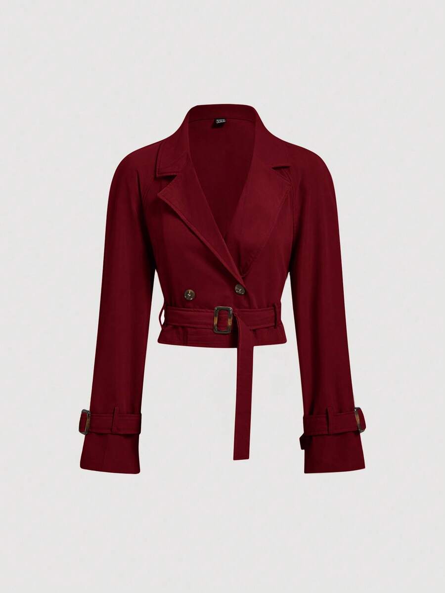 SHEIN MOD 女式卡其色短款休闲宽松夹克（配腰带）、秋季外套、秋季大衣、秋装、邮轮女装、返校装 - 酒紅色 - 查看 1