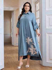 Mulvari Plus Size Women Floral Print Ruffle Sleeve Loose Single Breasted Casual Shirt Dress, Spring/Summer - Baby Blue - View 3