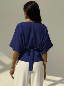 Aloruh Elegant Solid Color Pullover Short Sleeve Blouse, Minimalist Design, Loose Fit, Slim Flattering, Bowknot Tie Back, Versatile For Office/Commute - Navy Blue - View 2