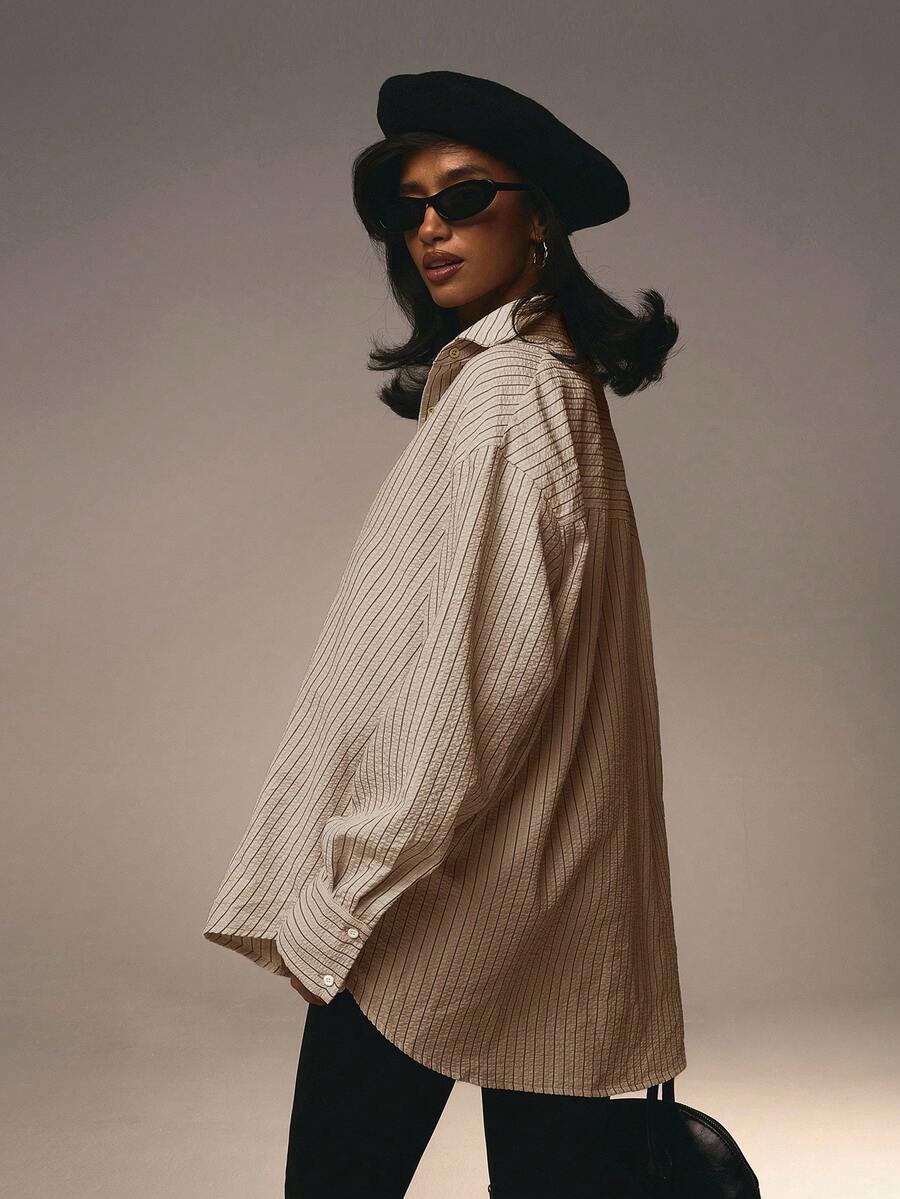 Athîral 女士前扣领长袖粉色条纹简约衬衫情人节款 - 藕粉色 - 查看 1