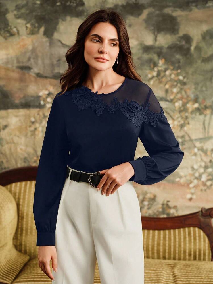 Women's Chiffon Patchwork Elegant 3D Floral Sheer Long Sleeve Blouse