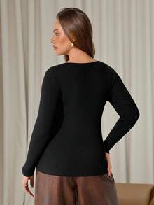 Auralis Plus Size Women's Autumn Black Formal Dinner Evening Slim Pullover Sweater, Fall/Winter - Black - View 2