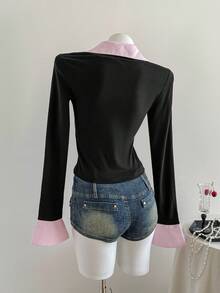 Elamini 1pc Women's Striped Splice Asymmetrical Hem Tight Long Sleeve T-Shirt, 2 In 1 Shirt Collar, Fashion Casual Street Style, Autumn/Winter Graphic Tees Women Tops For Spring - Multicolor - View 2