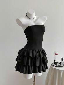 Elamini Váy ngắn bodycon viền bèo nhún dệt kim màu đen, thời trang tối giản thanh lịch cho đám cưới, trường học, công sở, thường ngày, tiệc tùng, thu/đông - màu đen - Xem 4