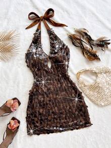 Soleia 新款度假红色针织条纹露背迷你连衣裙、飘逸连衣裙、条纹挂脖毛衣裙、哥特式连衣裙、教堂连衣裙、婚礼宾客连衣裙、约会夜连衣裙、教师连衣裙、返校连衣裙、女士冬装、女士秋装、流苏连衣裙、生日装、约会夜装、办公室服装、万圣节、音乐节服装 - 卡其色 - 查看 4