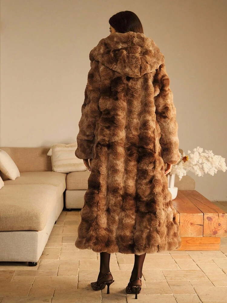 Abrigo largo con capucha de piel sintética elegante y de moda, adecuado para otoño, invierno, salir, elegante, formal, fiesta, chic, Año Nuevo, abrigo de invierno para mujer, Navidad, trabajo, graduación, boda