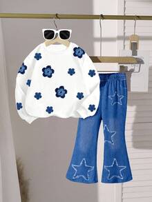 2 pezzi Set di felpa girocollo bianca e pantaloni a zampa con stampa floreale e di jeans per ragazze, adatto per autunno/inverno, look casual, all'aperto e per la scuola