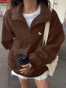 DAZY 女士秋冬撞色领保暖宽松卫衣 - 咖啡棕 - 查看 4