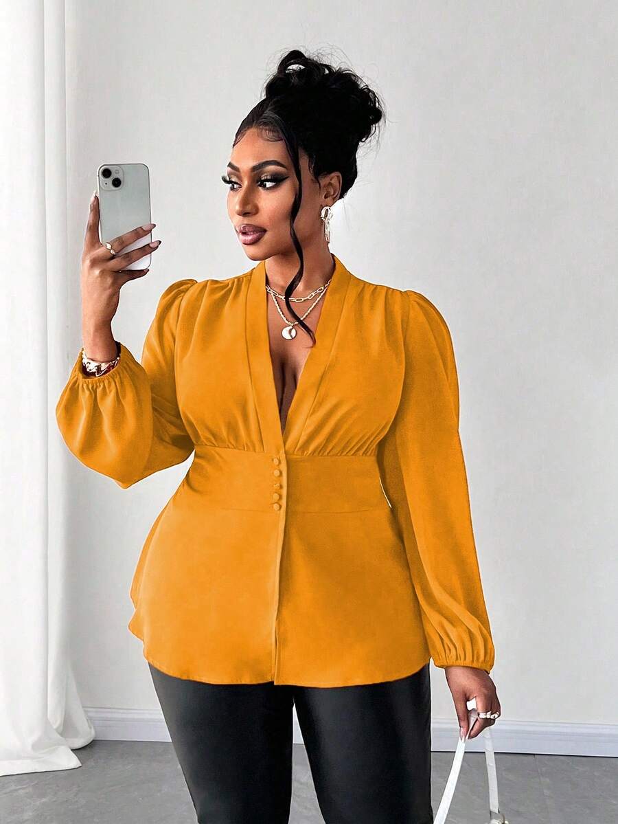 Maweii Plus Size Women's Casual Solid Color Lantern Sleeve Blouse For Autumn Women Shirt - Yellow - View 1