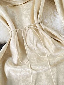 Franclia Elegant & Fashionable Young Women's Minimalist Draped Neck Fitted Flare Sleeve Color Jacquard Pattern Dress, Versatile For Spring & Autumn Gold Dress Women Elegant Dress Women Satin Jacquard Dress Luxury Dress Women Vintage Style Dress Fall Cloth For Women