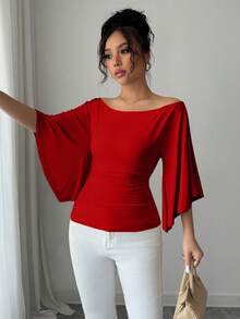 Elenzga Elegant Off Shoulder Bell Sleeve Solid Color T-Shirt For Women, Suitable For Commuting - Red - View 5