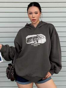 Dazy Plus Plus Size Sweatshirt With Large Graphic Print On Back, Streetwear Style, Thermal Lined, Thick Fabric, Plus Size For Women, Autumn/Winter - Grey - View 3