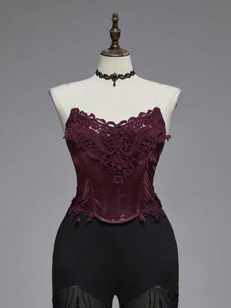 EDITION Plus Size Women Gothic Mysterious Purple Lace Patchwork Corset, Suitable For Halloween, Palace Party, Ball