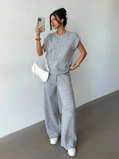 Elenzga 女士优雅刺绣圆领宽松上衣和阔腿裤针织两件套