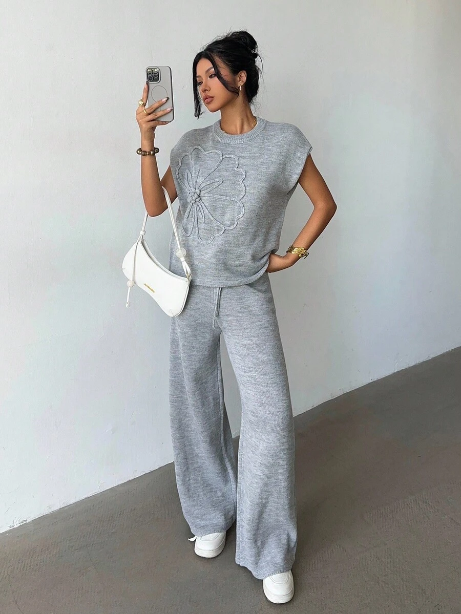 Elenzga Women's Elegant Embroidered Round Neck Loose Top And Wide Leg Pants Knit Two Pieces Set